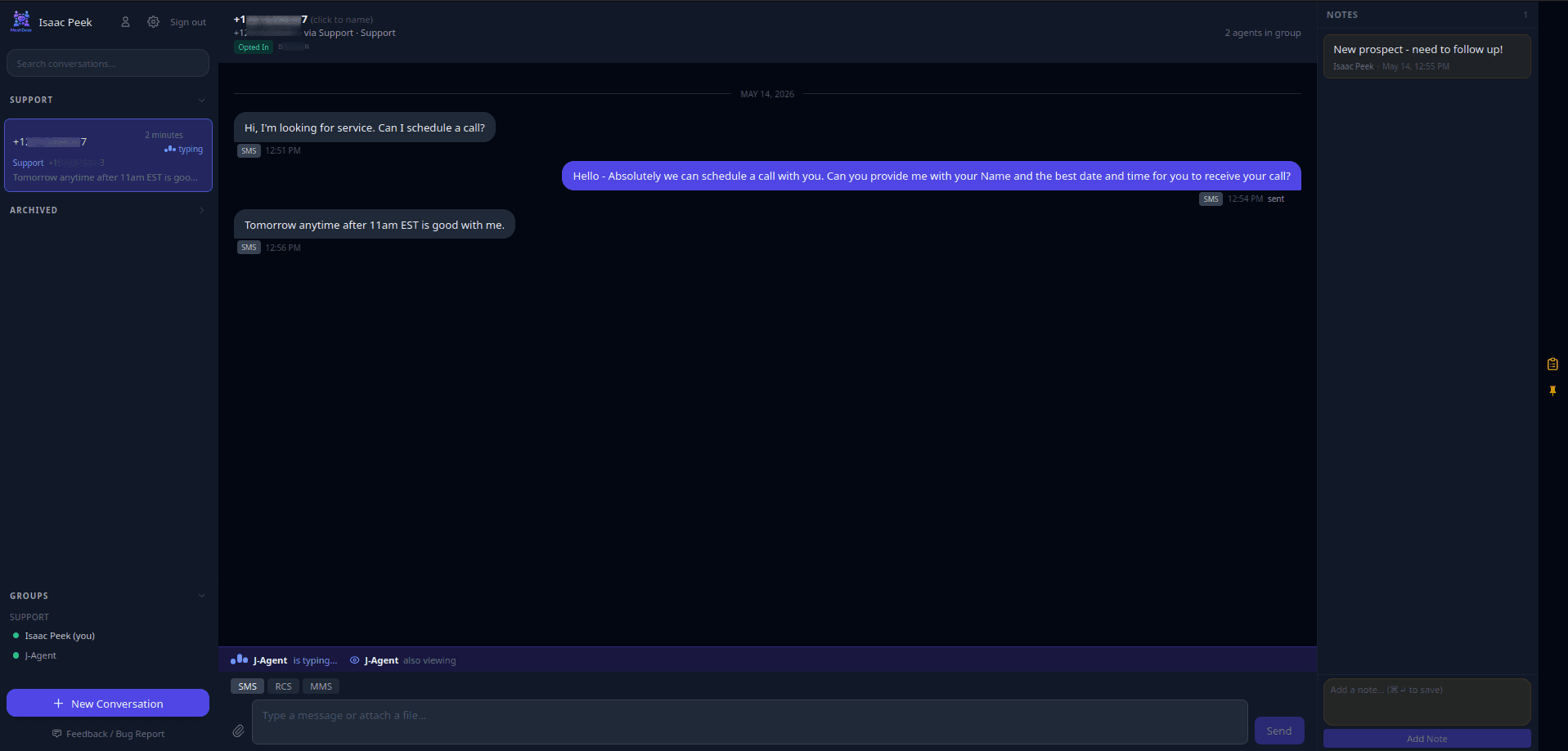 MeshDesk shared inbox interface showing a customer conversation with multiple agents collaborating, internal notes, and real-time typing indicators
