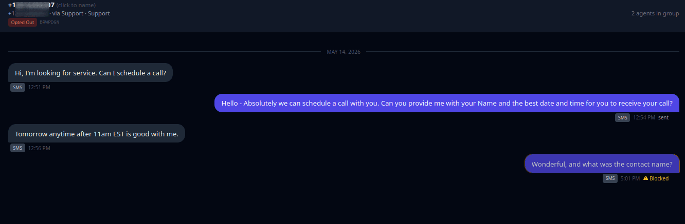 MeshDesk conversation showing a blocked outbound message to an opted-out contact with clear warning indicator