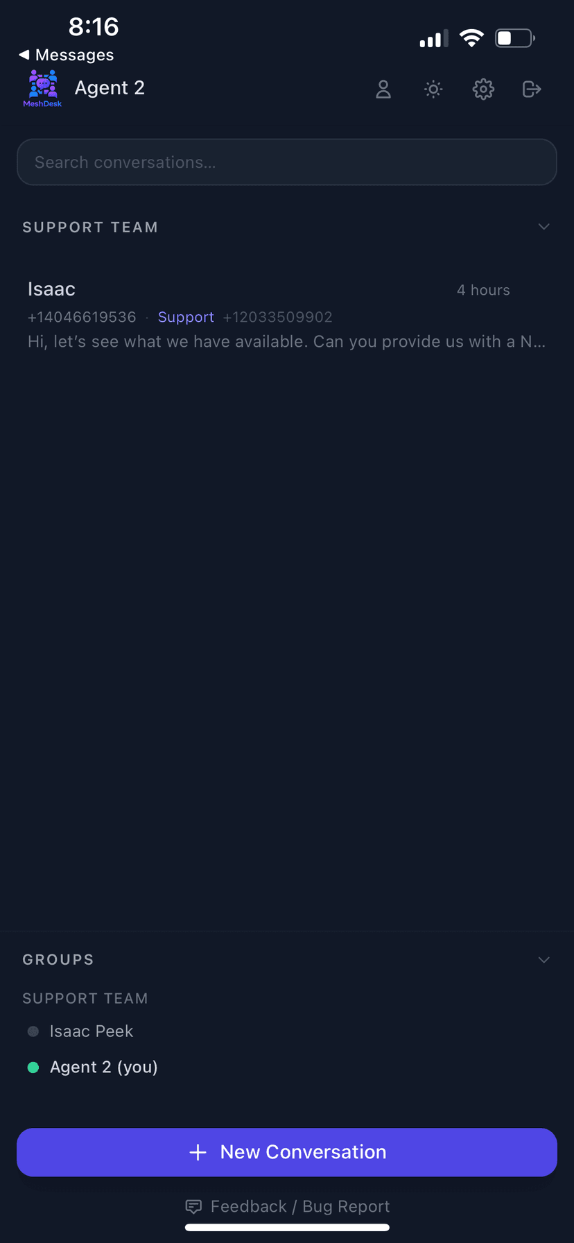MeshDesk iOS app shared inbox showing the Support Team conversation list and New Conversation button