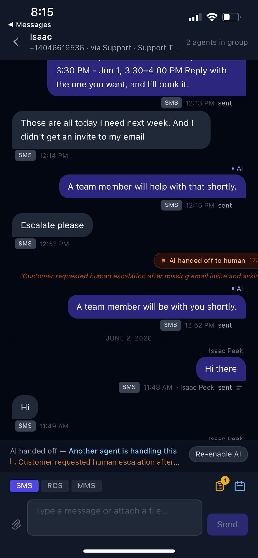 MeshDesk iOS app conversation thread showing SMS messages with AI handoff to a human agent