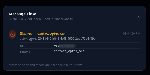 MeshDesk message flow dialog showing a blocked message with reason 'contact_opted_out'