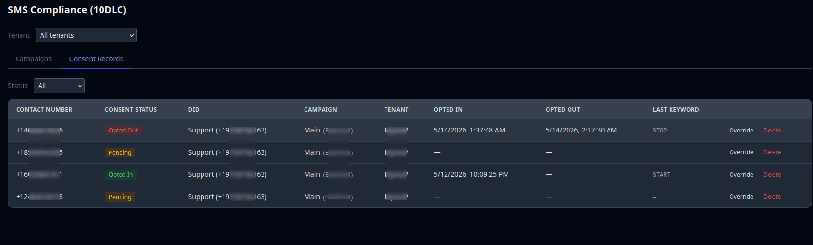 MeshDesk admin SMS Compliance dashboard showing consent records with status, timestamps, and campaign information