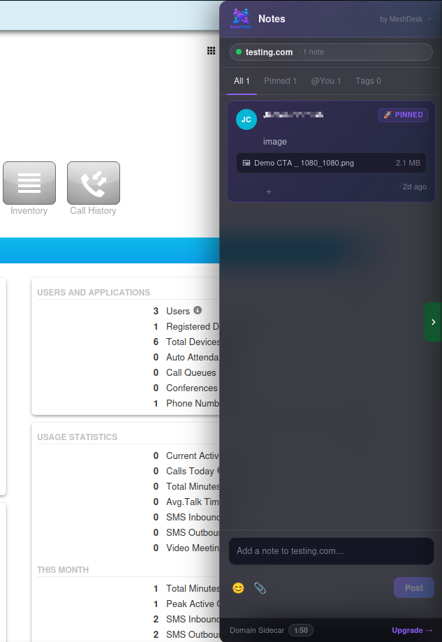 Domain Sidecar widget embedded in NetSapiens Manager Portal showing notes, pinned items, and team collaboration